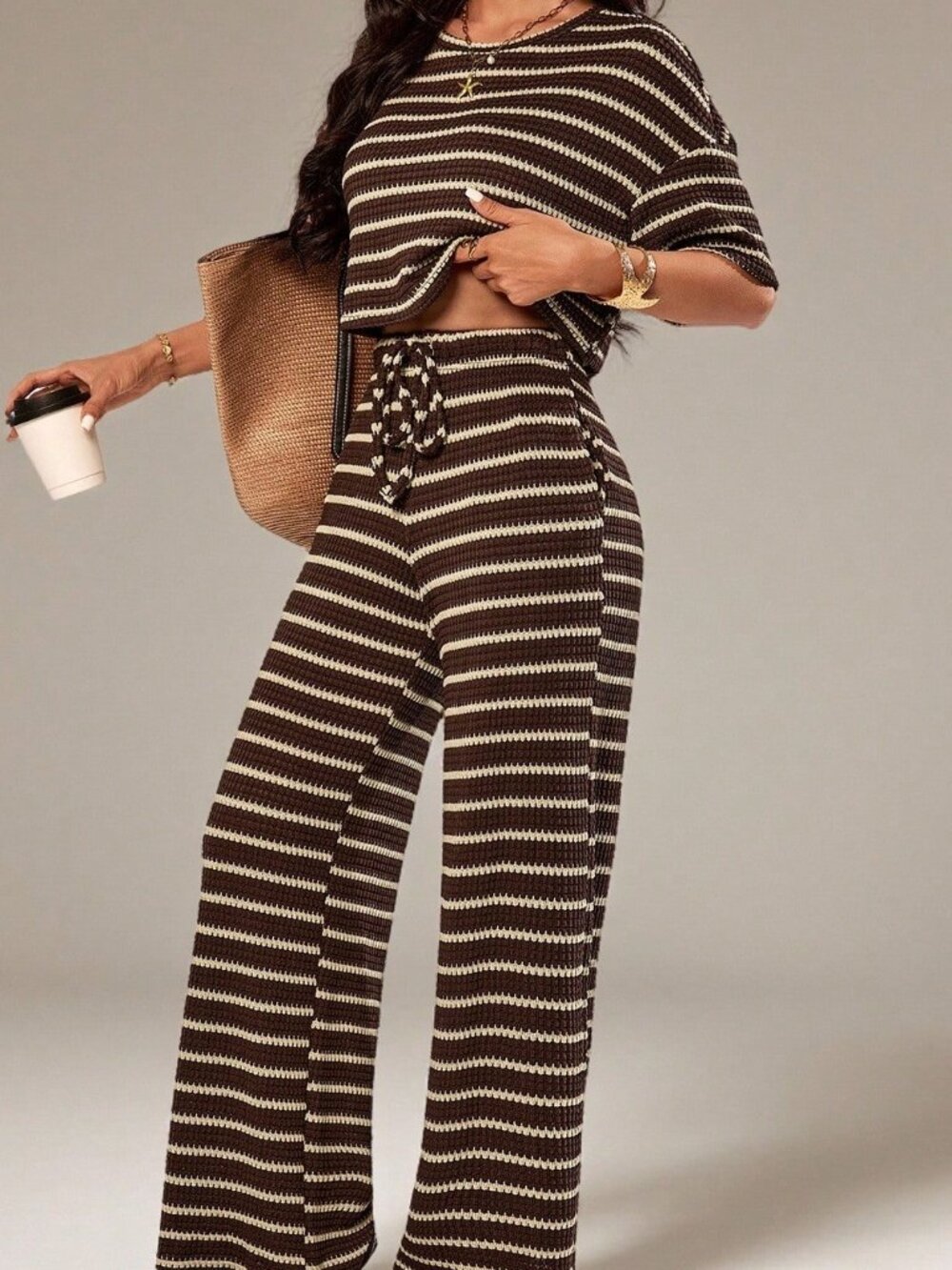 Brown Casual Women's Striped Loose Short Sleeve T-Shirt And Long Pants Set
